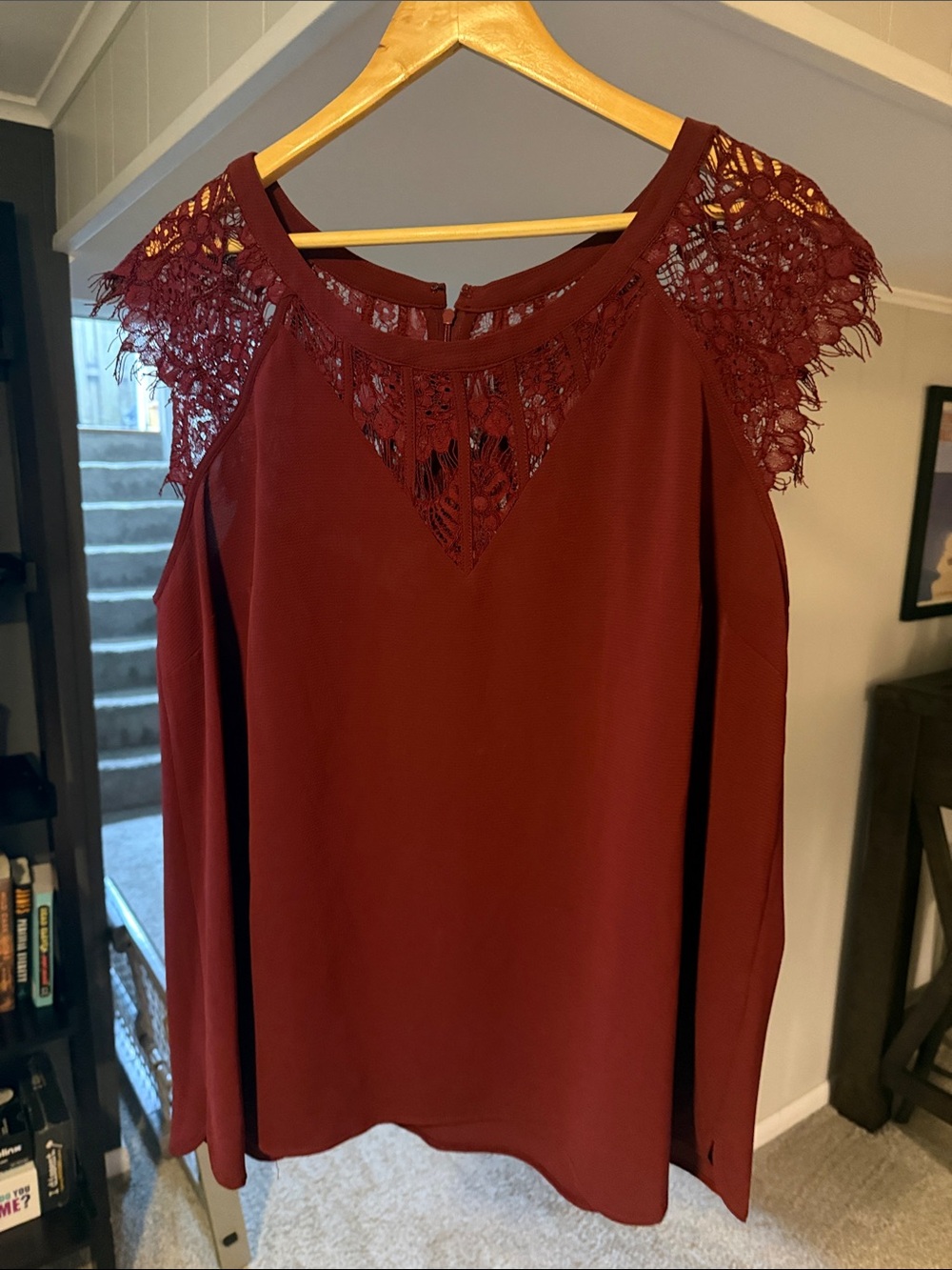 Cold-Shoulder Lace Yoke Blouse in Burgundy